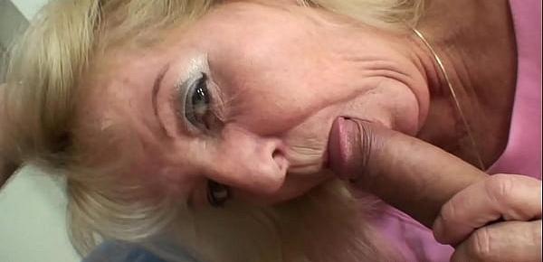  Hairy blonde granny sucks and rides his huge dick